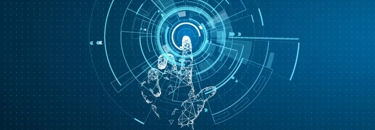 Cyfrowa ręka sięgająca ku futurystycznemu interfejsowi.